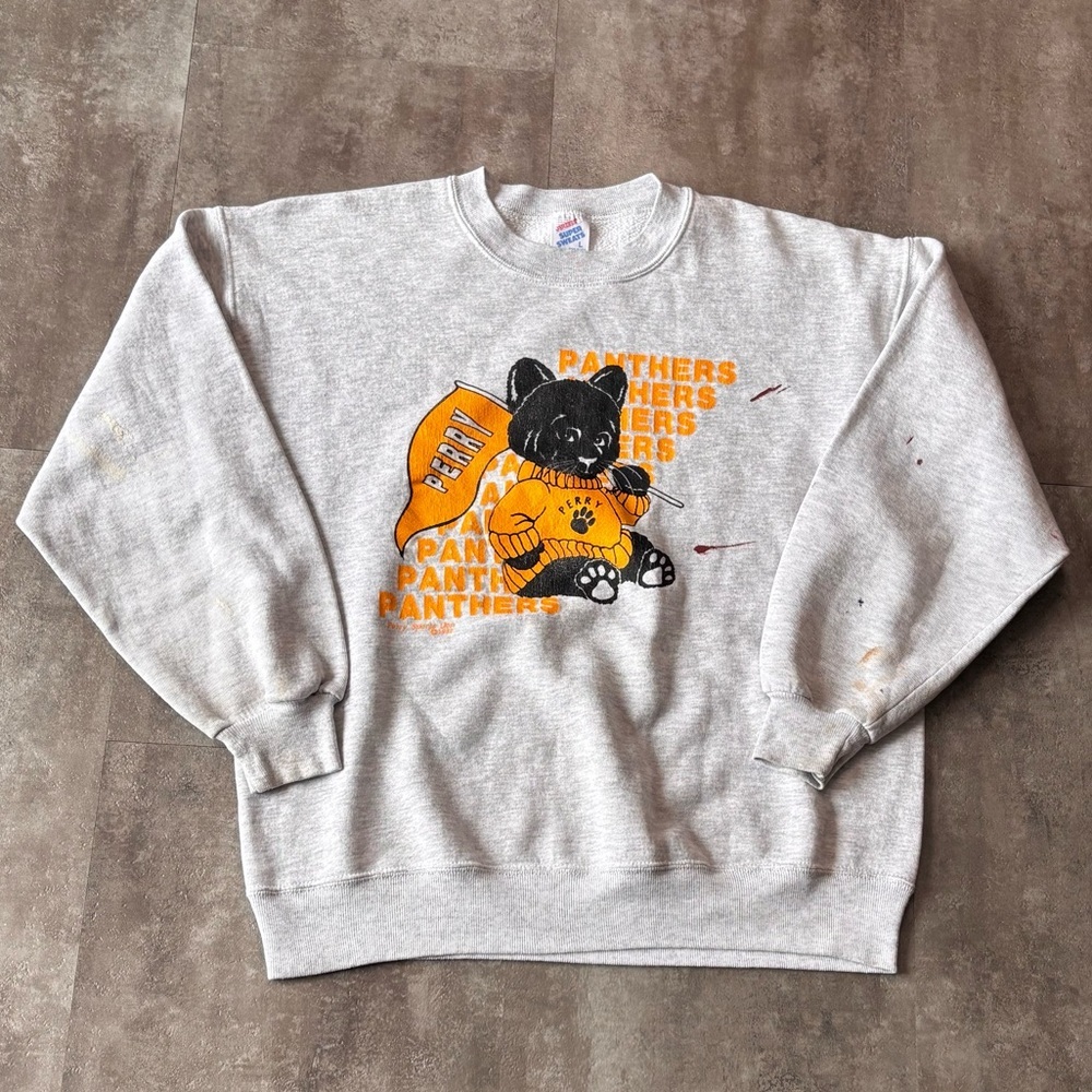 Vintage Perry Panthers Distressed JERZEES Crewneck Sweater Mens Large Gray